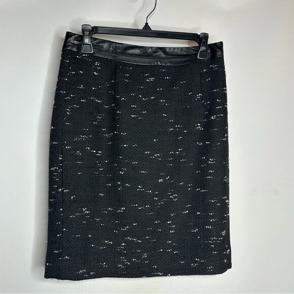 MILLY Lamb Leather Trim Speckled Tweed Pencil Skirt Black Size 6 - Picture 4 of 9